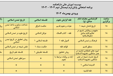 برنامه امتحانی ترم دوم ورودی های 1402 و 1403 